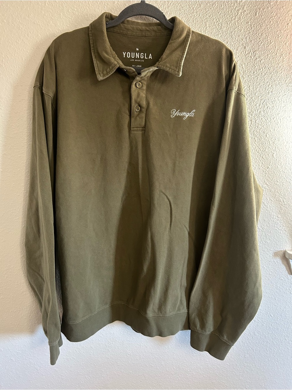 YoungLA Embroidered Olive Green Polo Sweatshirt Mens Size XXL